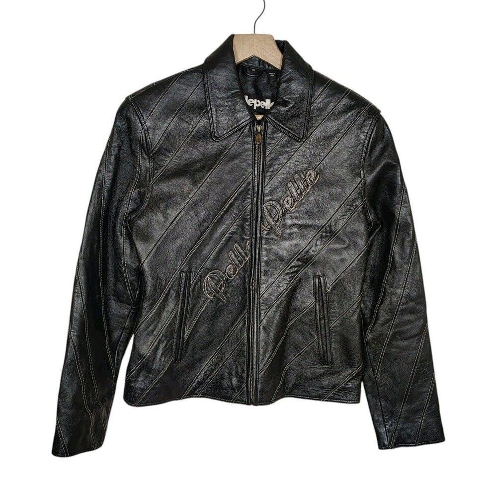 Pelle Pelle Black Leather Zip-Up Jacket with Diagonal Stitching